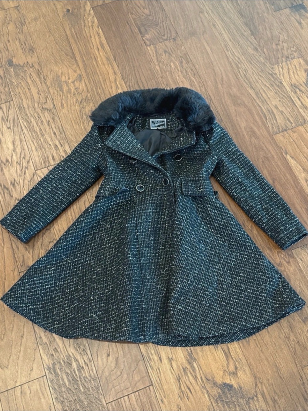 Rothschild Girls Princess Shimmer Tweed Coat with Faux Fur Collar